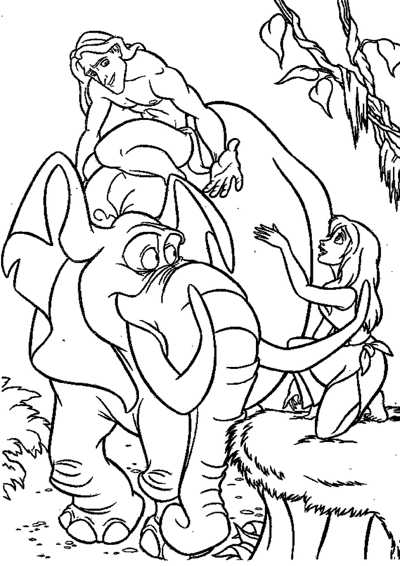 dla dzieci kolorowanka ze słoniem Tantorem, Jane i Tarzanem, obrazek z bajki Legenda Tarzana od wytwórni Disney, obrazek do wydruku i pokolorowania numer 67